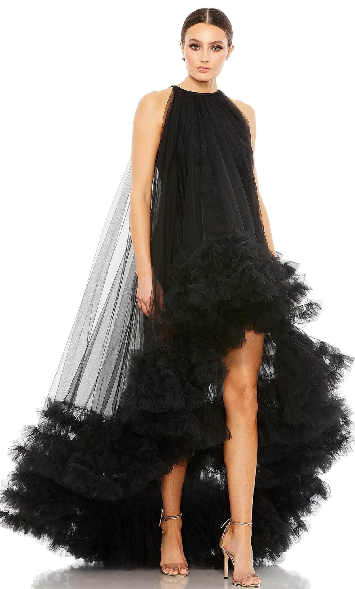 Mac Duggal - Tulle High Neck Sleeveless Ruffled Hem Hi-Low Gown - Black Mac Duggal - Tulle High Neck Sleeveless Ruffled Hem Hi-Low Gown - Black