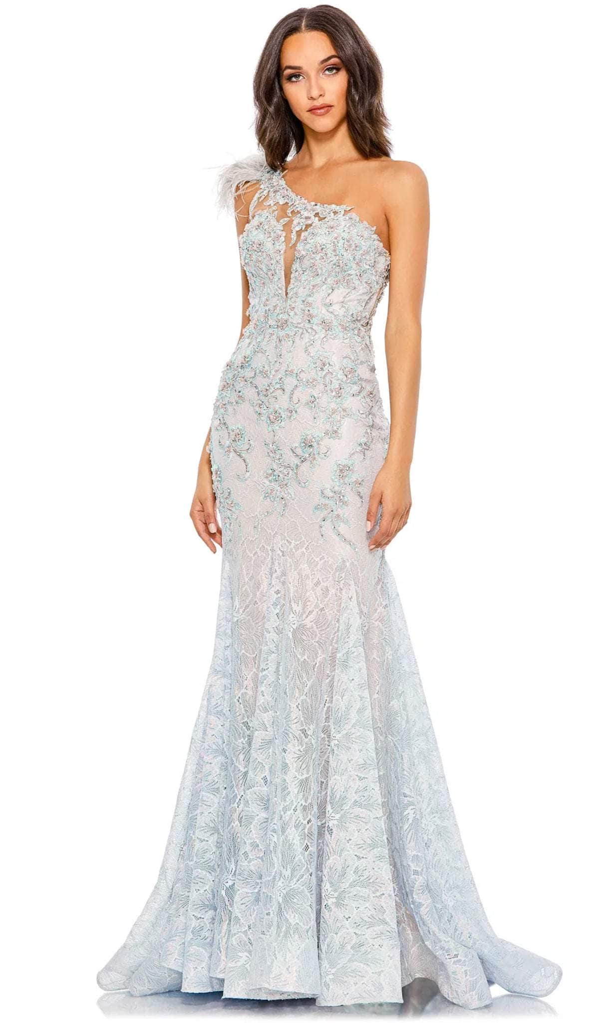 Mac Duggal Embroidered Applique Feathered One Shoulder Gown In Crystal Blue, Size 8 Mac Duggal Embroidered Applique Feathered One Shoulder Gown In Crystal Blue, Size 8