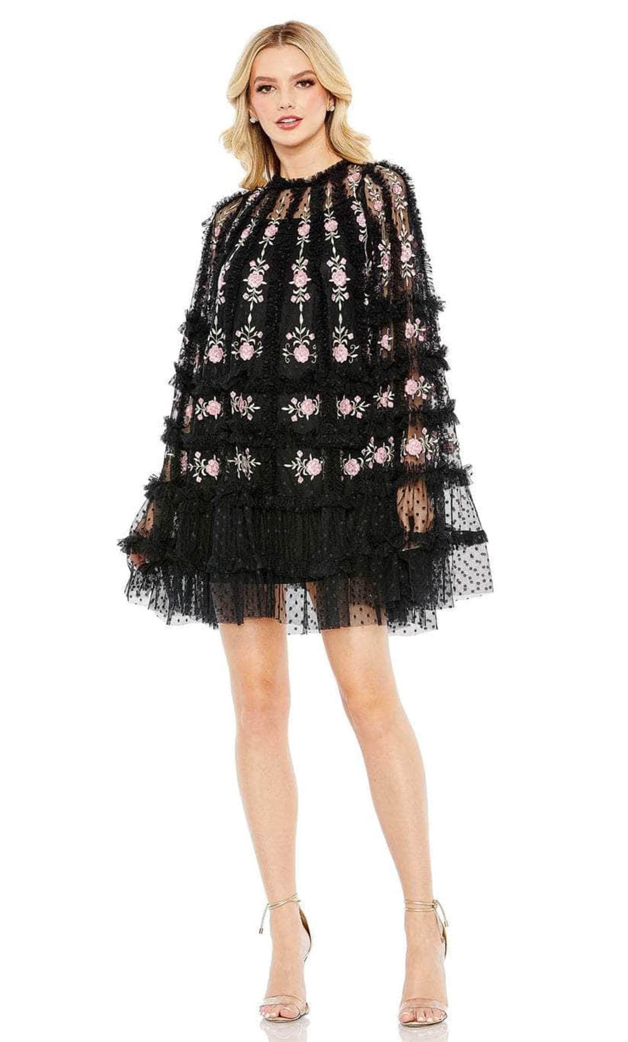 mac duggal black cocktail dress Mac Duggal Women's Satin Cap Sleeve A Line Midi Dress With 3D Flowers - Black