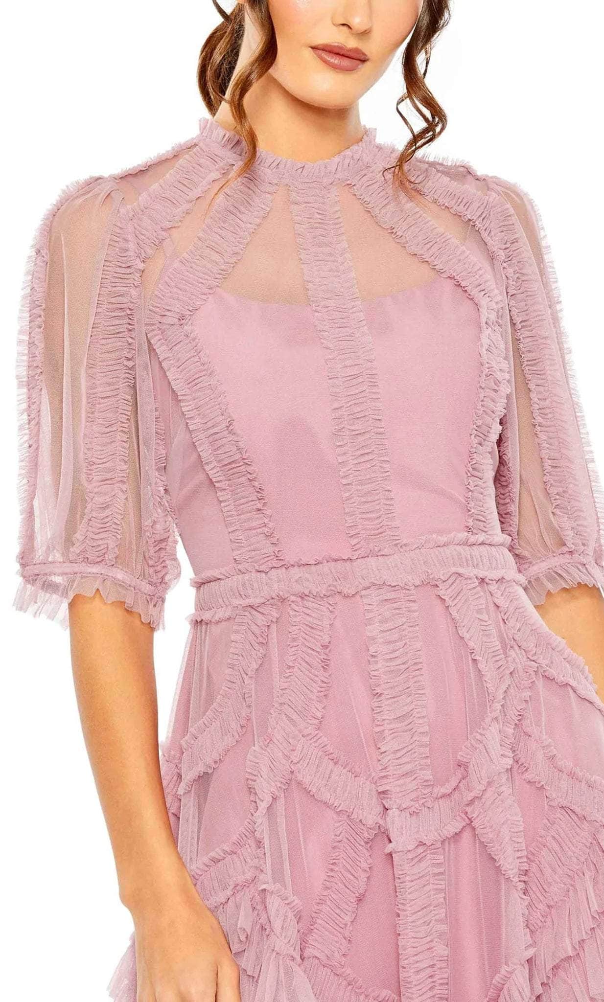 mac duggal high-neck a-line ruffle dress Mac Duggal Women's High Neck Puff Sleeve Ruffle Tiered Dress