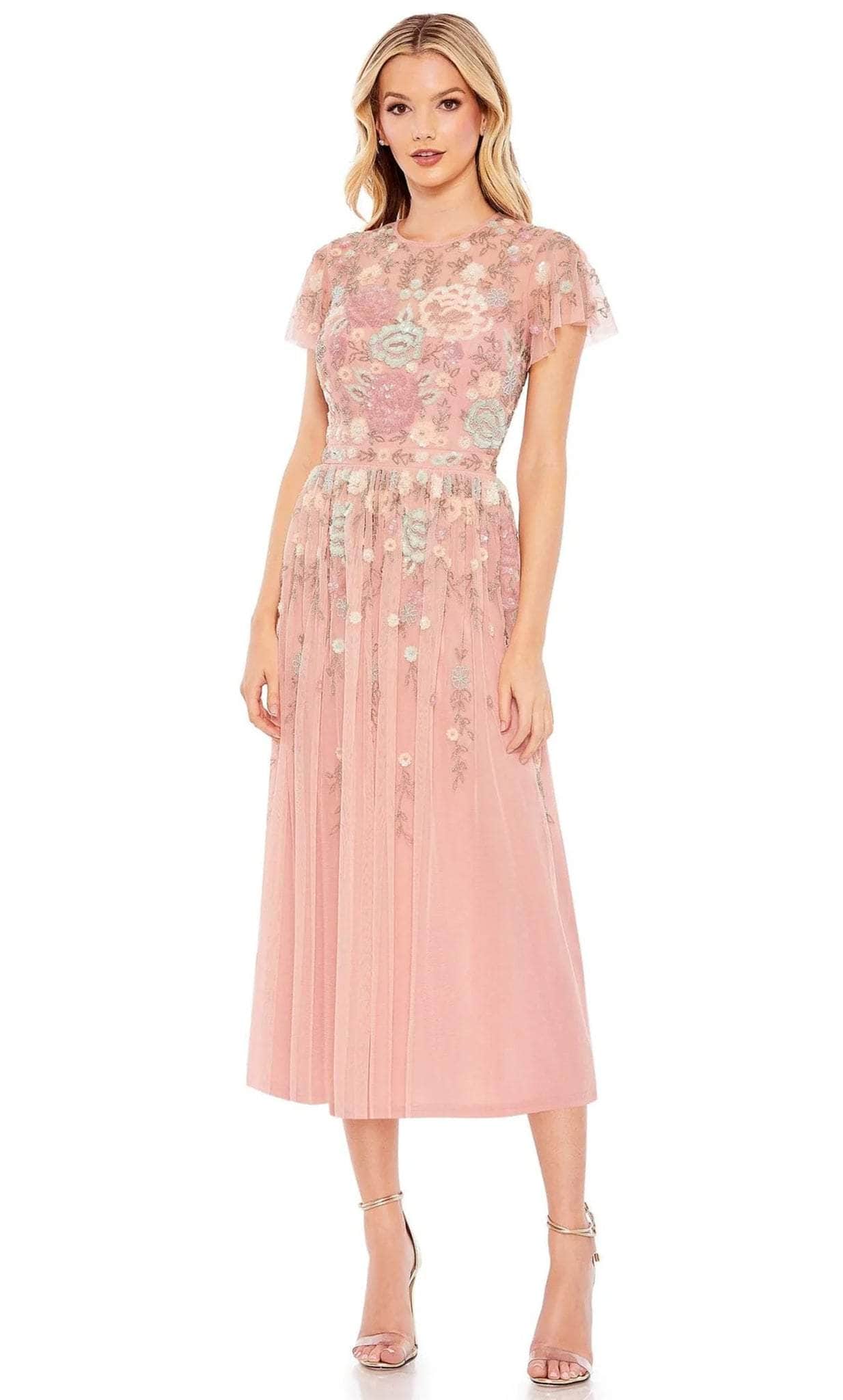 Mac Duggal - Pink Embellished Illusion High Neck Butterfly Sleeve Midi Dress - Dusty Rose / US 4 Mac Duggal - Pink Embellished Illusion High Neck Butterfly Sleeve Midi Dress - Dusty Rose / US 4