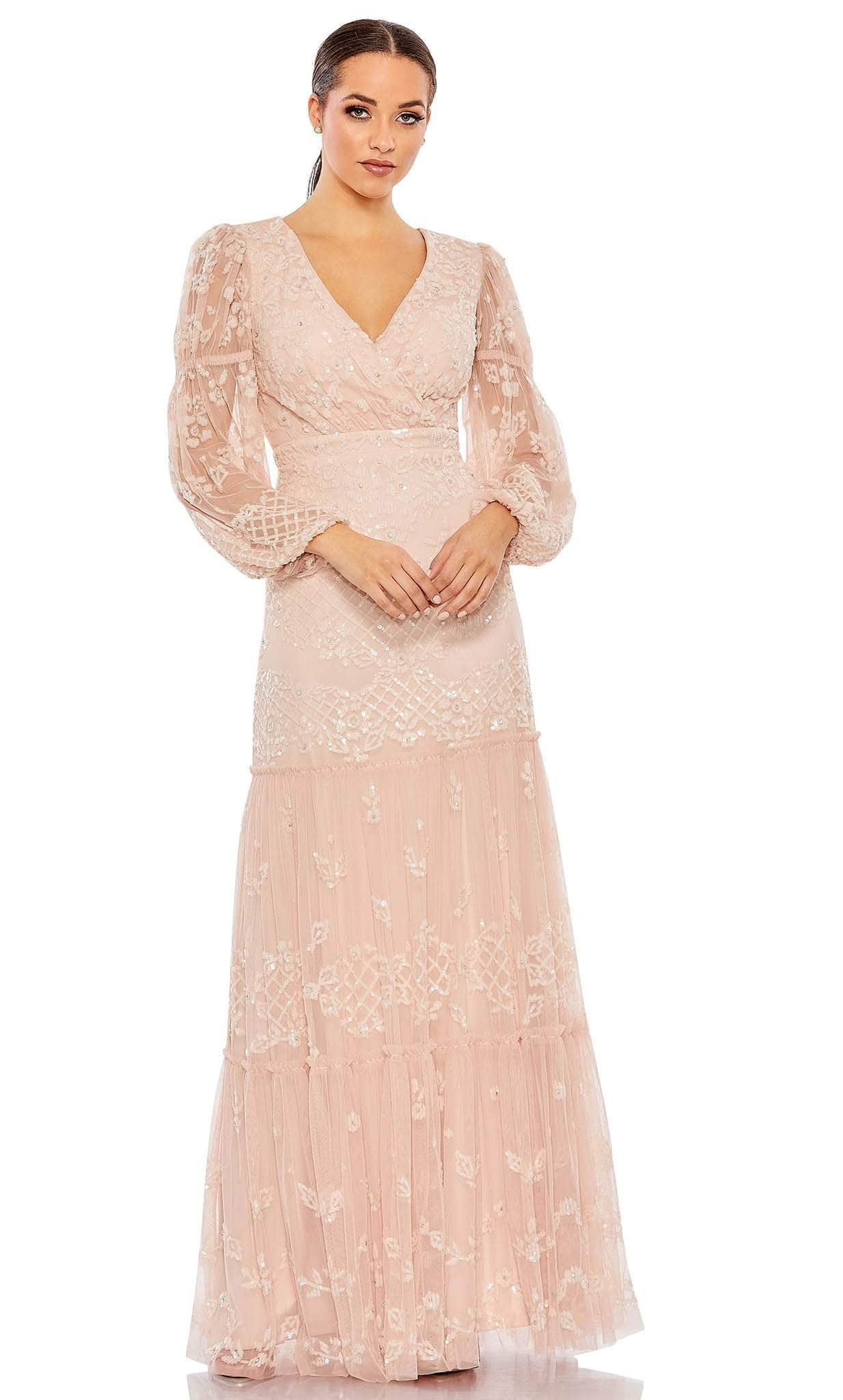 Sequined Tiered Wrap Over Puff Sleeve Gown - Mac Duggal US 18 Sequined Tiered Wrap Over Puff Sleeve Gown - Mac Duggal US 18