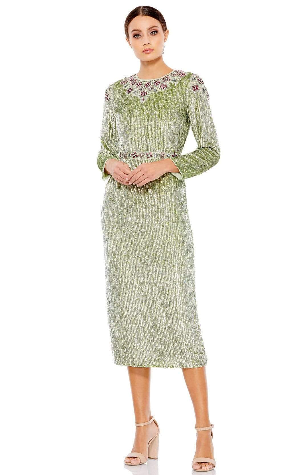 mac duggal long sleeve sequin dress Silver Long Sleeve Beaded Fringe Plunge Neck Dress