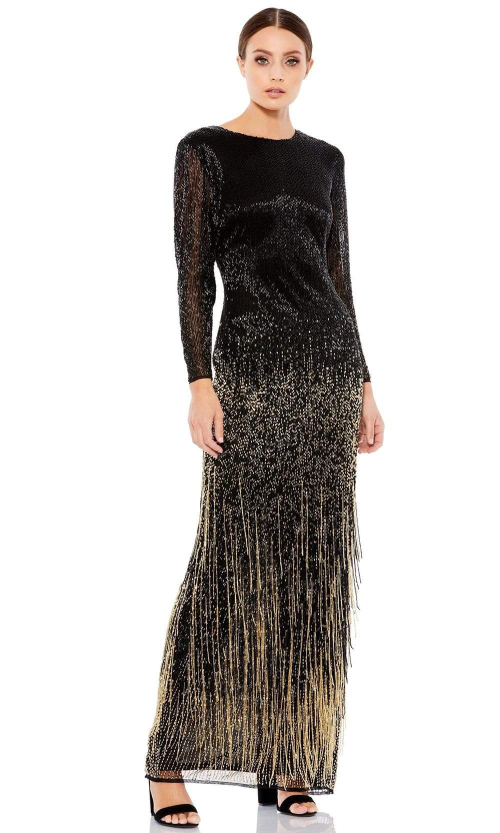 Long Sleeve Beaded Fringe Evening Gown - Mac Duggal Black / Gold / US 8 Long Sleeve Beaded Fringe Evening Gown - Mac Duggal Black / Gold / US 8