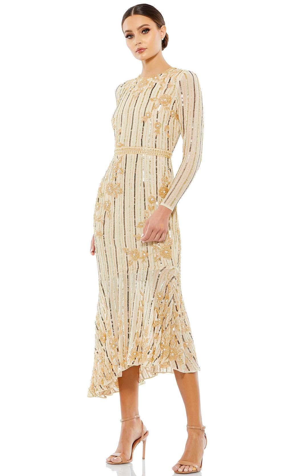 Mac Duggal - Gold Long Sleeve Embellished Tea Length Dress - US 24 Mac Duggal 93627 - Striped Sequined Formal Dress – Couture Candy