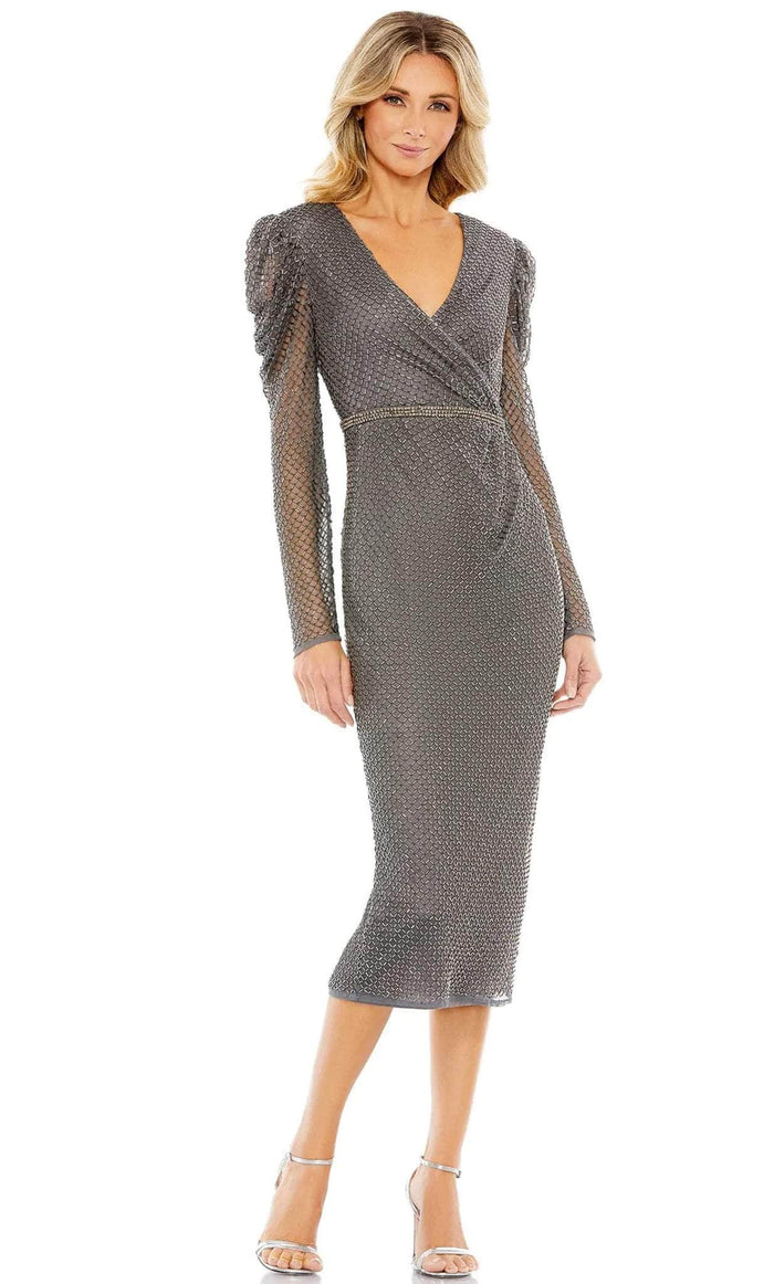 Mac Duggal 93674 - Long Sleeve V-Neck Knee-Length Dress Cocktail Dresses 0 / Charcoal