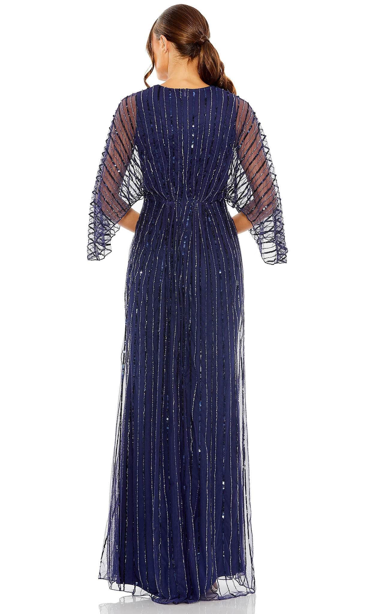 Navy Beaded Striping Kimono Sleeve V Neck Gown - Mac Duggal US 14 Navy Beaded Striping Kimono Sleeve V Neck Gown - Mac Duggal US 14