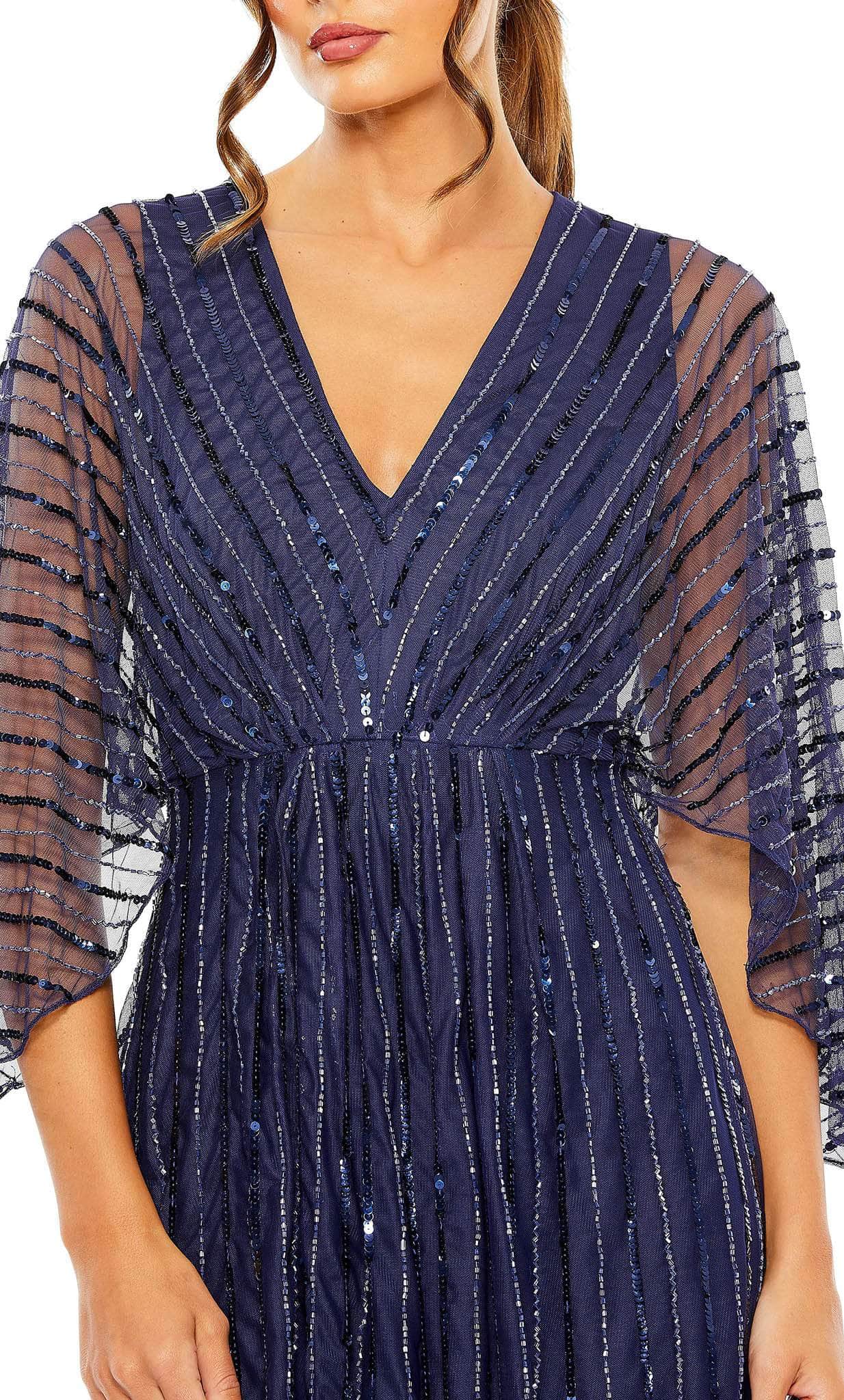 Navy Beaded Striping Kimono Sleeve V Neck Gown - Mac Duggal US 14 Navy Beaded Striping Kimono Sleeve V Neck Gown - Mac Duggal US 14