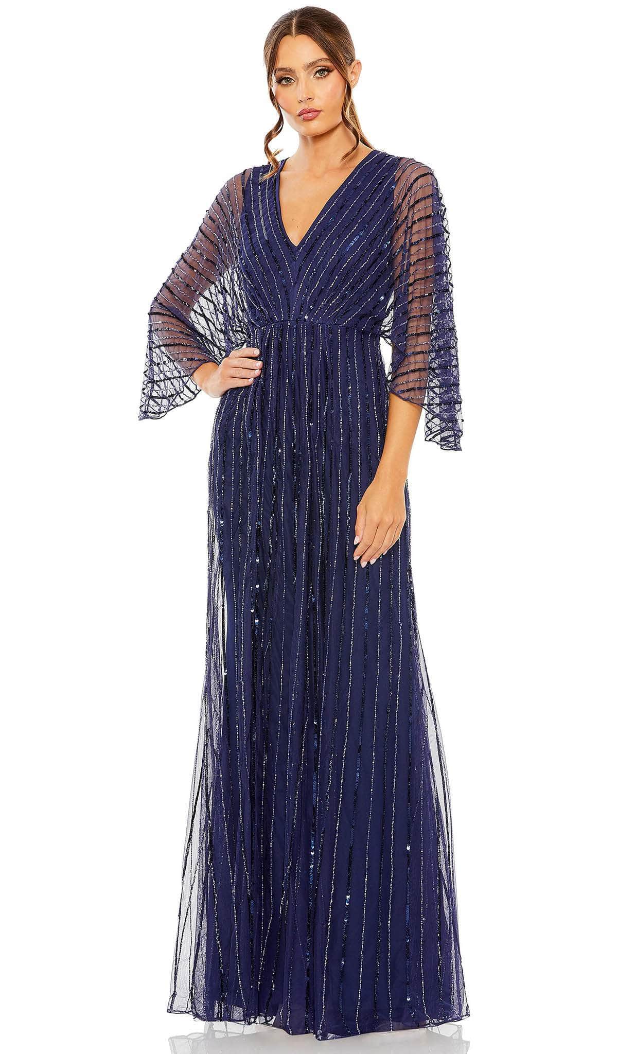 Navy Beaded Striping Kimono Sleeve V Neck Gown - Mac Duggal US 14 Navy Beaded Striping Kimono Sleeve V Neck Gown - Mac Duggal US 14