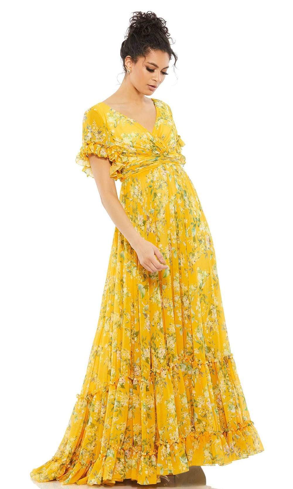 Mac Duggal Women's Floral Flounce Sleeve Maxi Dress - Yellow Multi - Size 4 Mac Duggal Women's Floral Flounce Sleeve Maxi Dress - Yellow Multi - Size 4