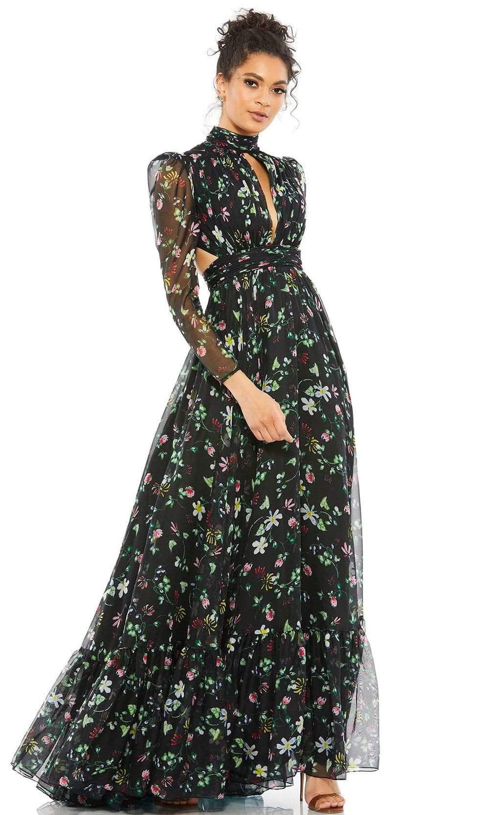 mac duggal black floral dress Mac Duggal Floral Embroidered Tulle Sleeveless V-Neck A-Line Gown, Womens, 6, Black Multi