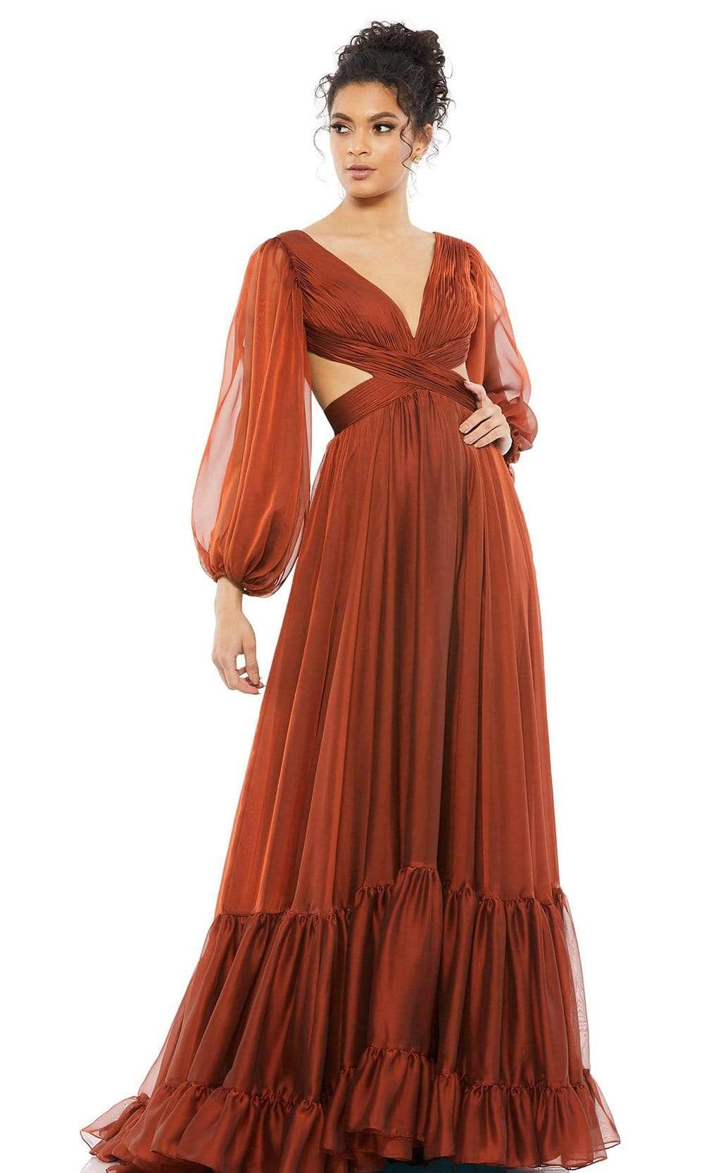 Mac Duggal Evening - 67948D Bishop Sleeve Ruched Cut Out A-Line Dress Couture Candy Mac Duggal Evening - 67948D Bishop Sleeve Ruched Cut Out A-Line Dress Couture Candy