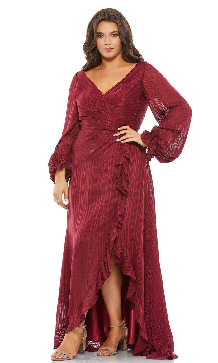 Mac Duggal Fabulouss - 49498F V Neck Wrap Styled Full Length Dress Evening Dresses 14W / Burgundy