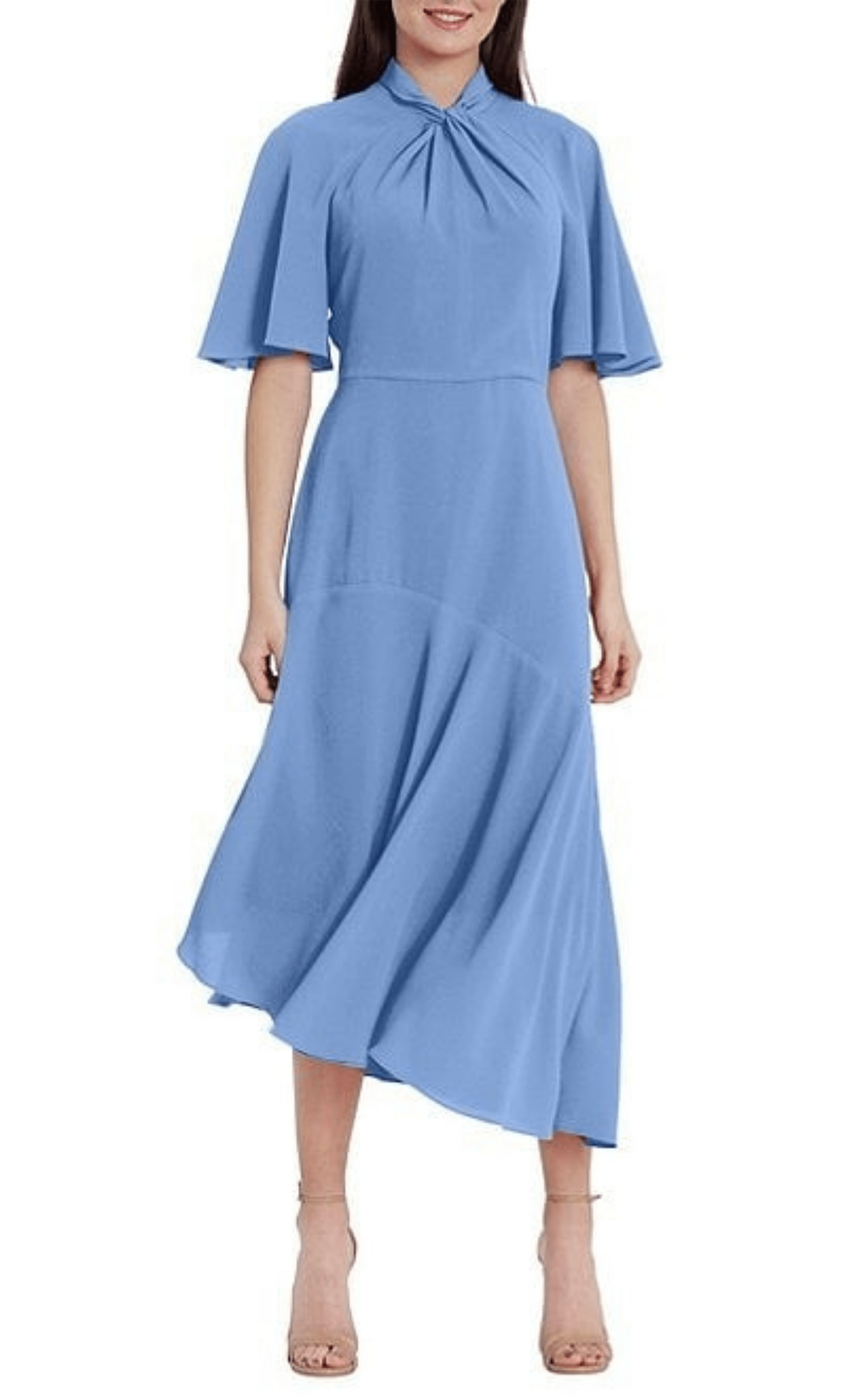 Maggy London Boy Blue Twist Mock Neck Short Flutter Sleeve Midi Dress - Boy Blue / 6 Maggy London Boy Blue Twist Mock Neck Short Flutter Sleeve Midi Dress - Boy Blue / 6