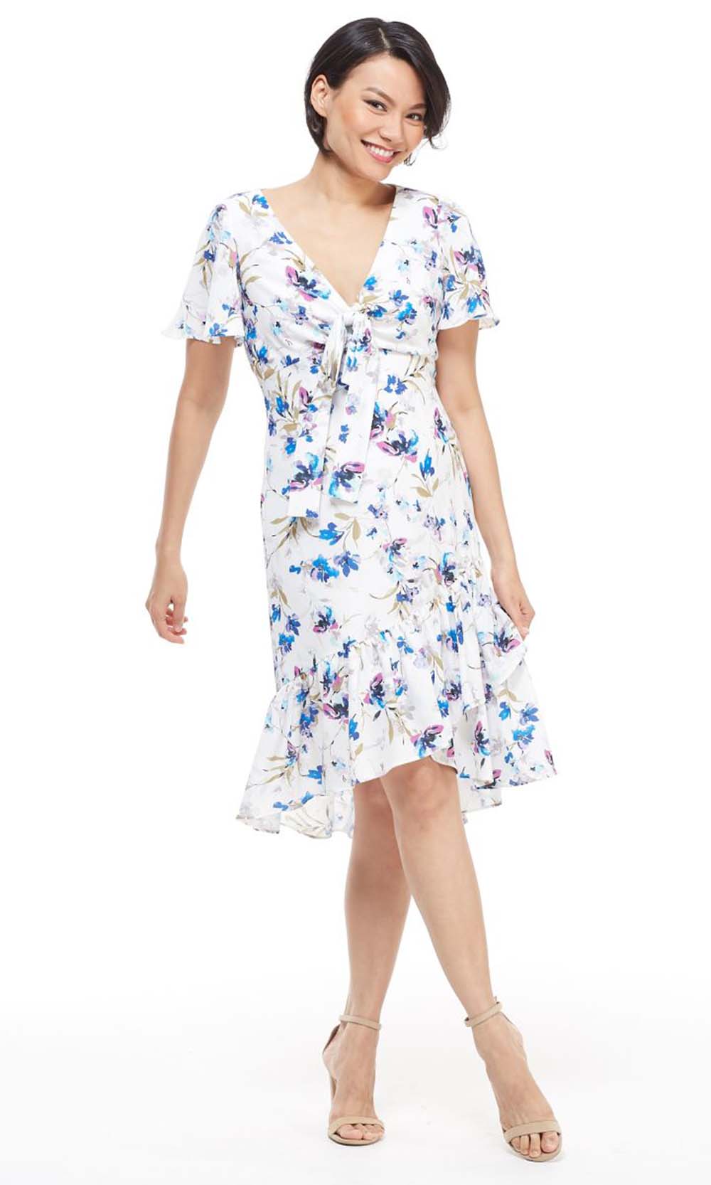 Maggy London Tie Floral Print Asymmetrical Ruffle Crepe Midi Dress, Womens, 6, Soft White/Deep Blue Maggy London Tie Floral Print Asymmetrical Ruffle Crepe Midi Dress, Womens, 6, Soft White/Deep Blue
