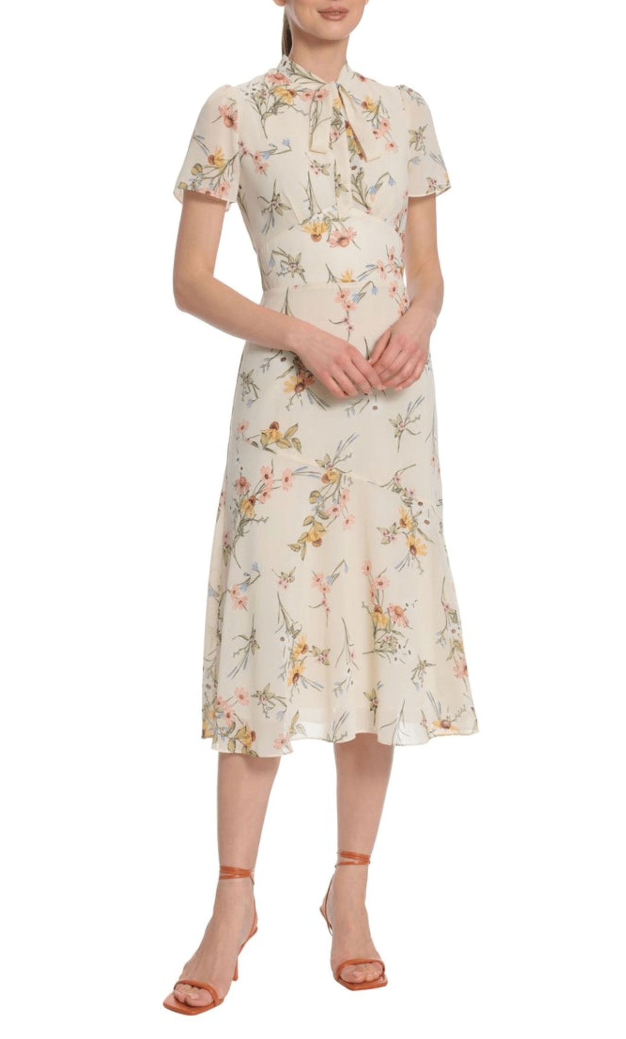 Maggy London Women's Floral Printed Neck Tie Short Sleeve Midi Dress Maggy London Women's Floral Printed Neck Tie Short Sleeve Midi Dress