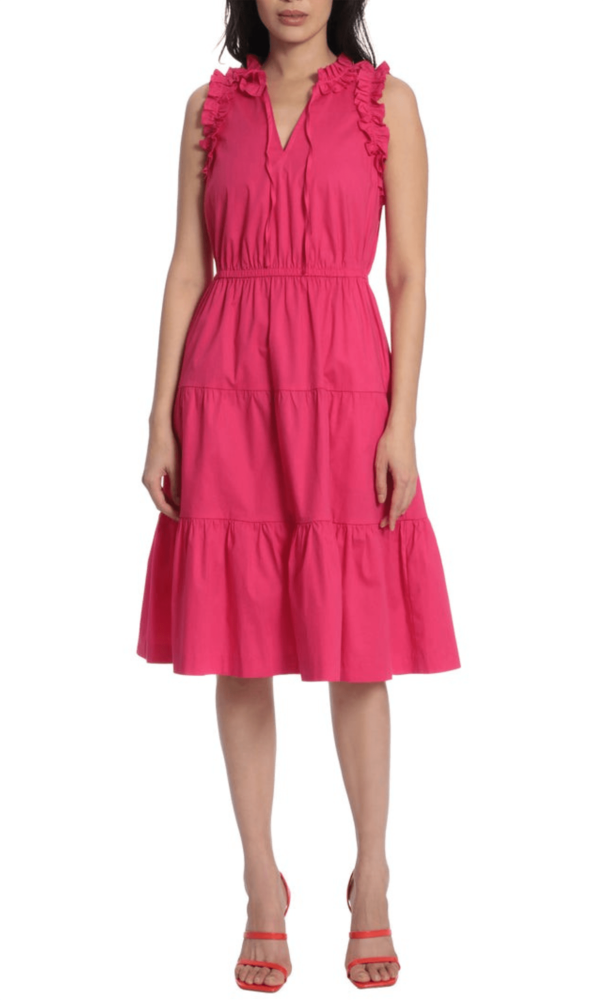 Maggy London MIDI Dress with Flounce and Tiered Bottoms Women's Dress Bright Rose : 6 Maggy London MIDI Dress with Flounce and Tiered Bottoms Women's Dress Bright Rose : 6