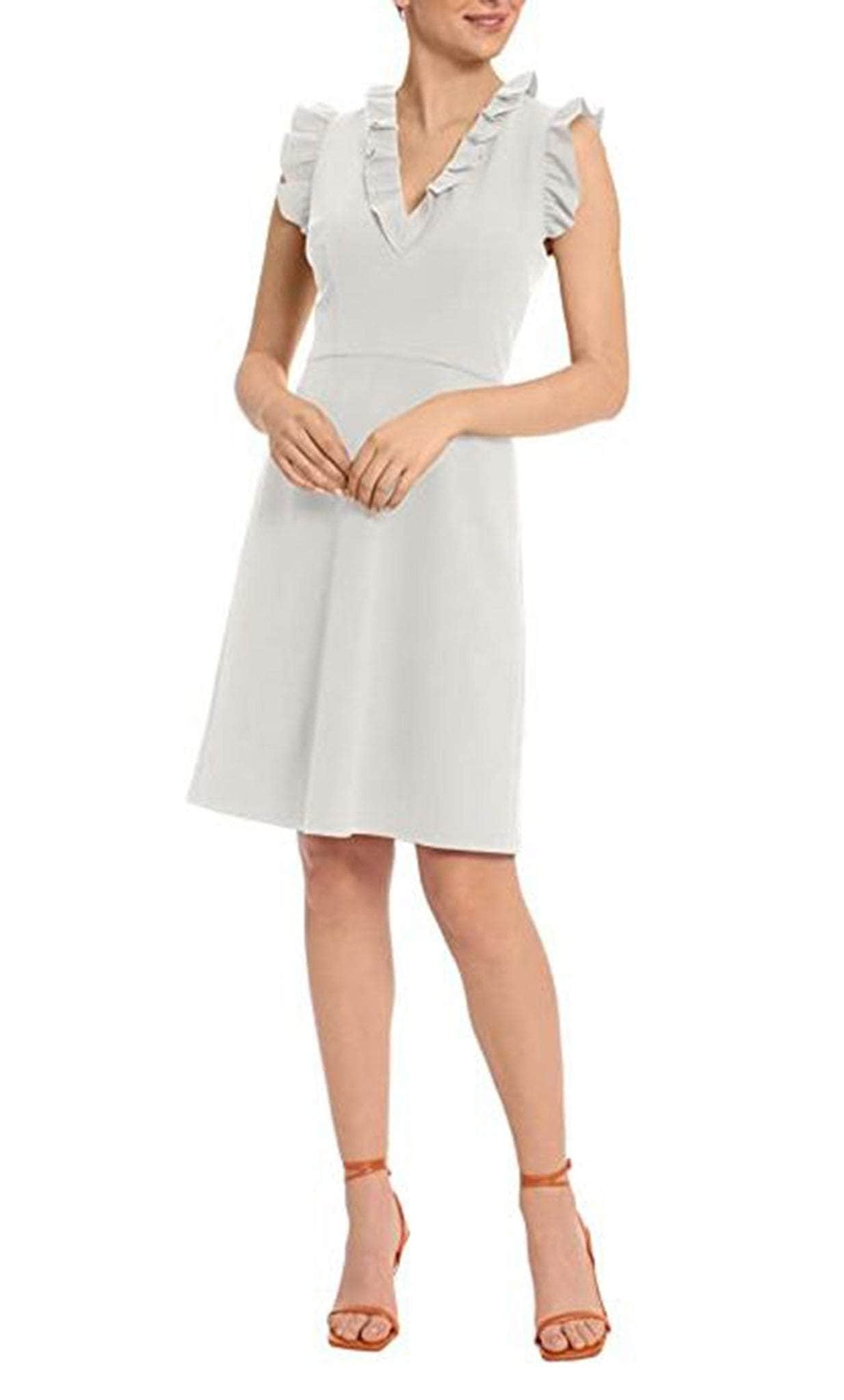 Maggy London V-Neck Ruffle Sleeves Back Zipper Short Crepe Dress Horn / 8 Maggy London V-Neck Ruffle Sleeves Back Zipper Short Crepe Dress Horn / 8