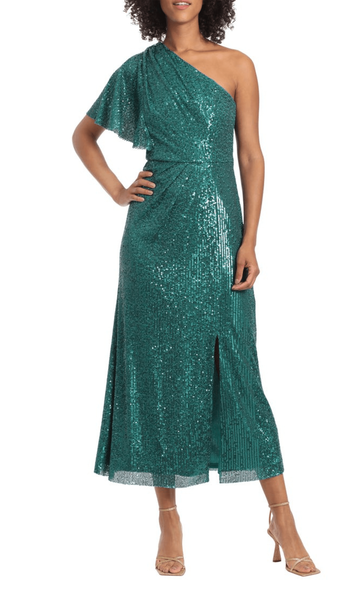 Maggy London Sequin One Shoulder Front Slit Party Dress Teal / 2 Maggy London Sequin One Shoulder Front Slit Party Dress Teal / 2