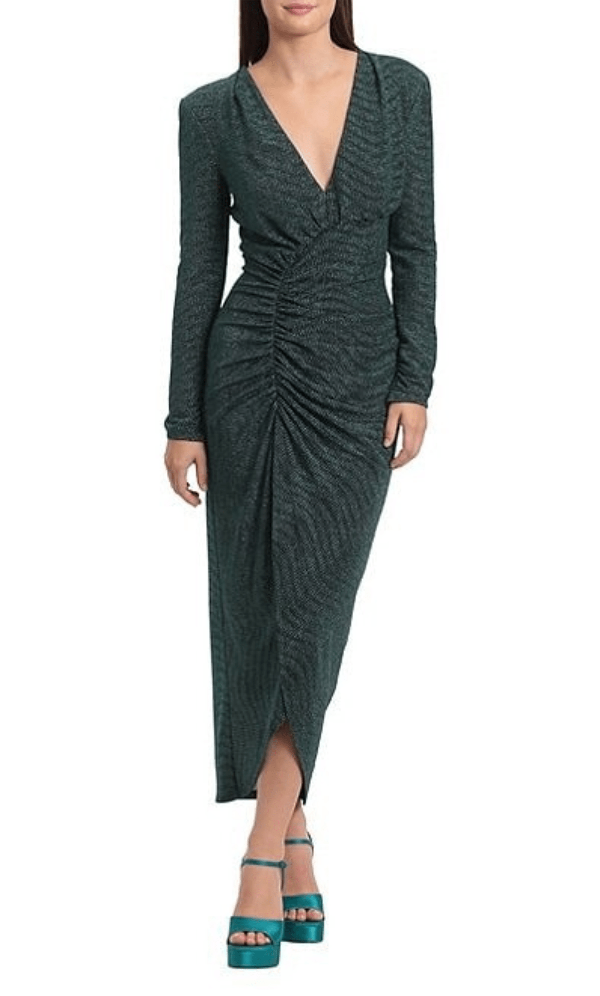 Maggy London Shimmer Long Sleeve Gather Midi Party Dress - BLUE / 2 Maggy London Shimmer Long Sleeve Gather Midi Party Dress - BLUE / 2