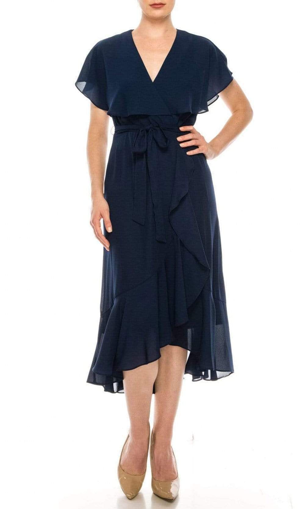 maison tara dresses Plus Size Asymmetrical Ruffle Faux Wrap Maxi Dress designed with a refined Maison Tara 96036M - Knee-Length