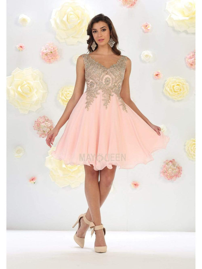 May Queen - MQ1417 Gold Embroidered V-neck A-line Dress Homecoming Dresses 4 / Blush