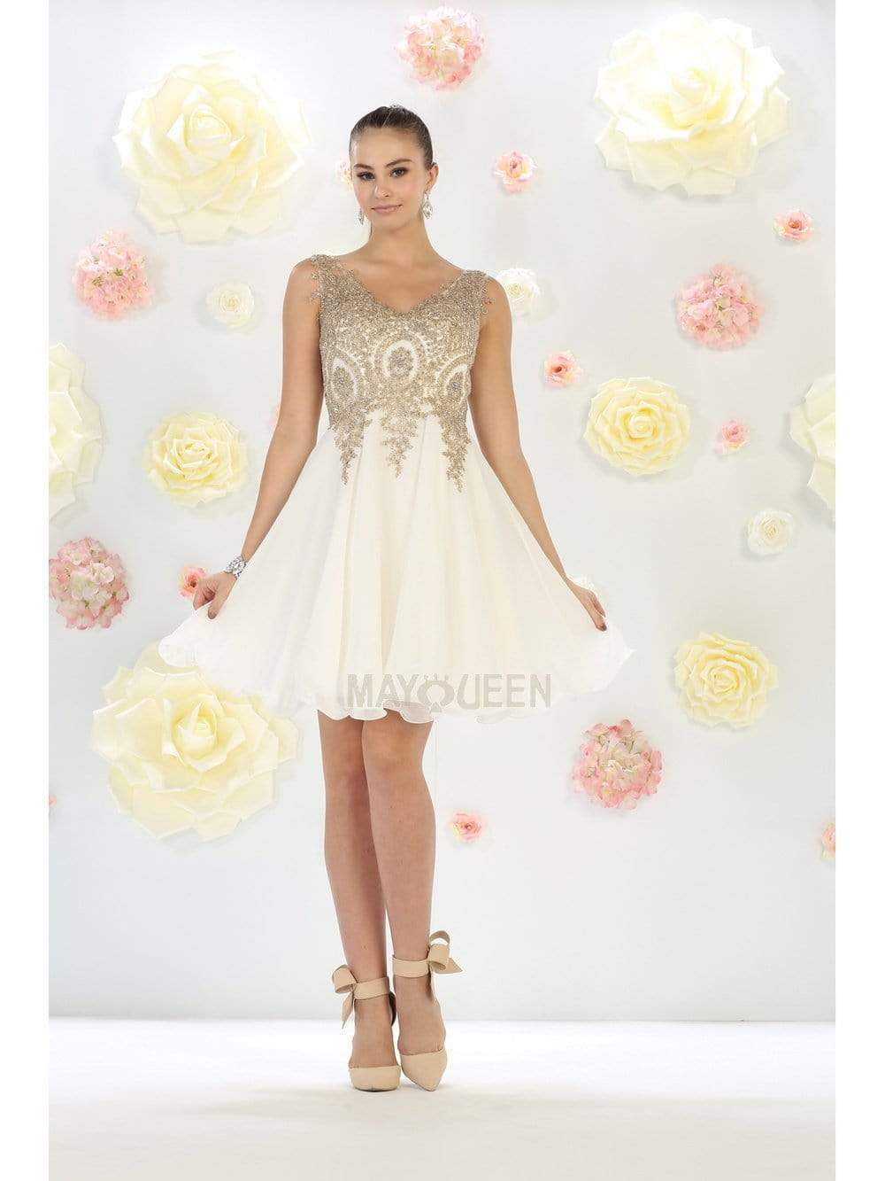 May Queen - MQ1417 Gold Embroidered V-neck A-line Dress 8 / Ivory - Shop May Queen dresses on Couture Candy at CoutureCandy.com May Queen - MQ1417 Gold Embroidered V-neck A-line Dress 8 / Ivory - Shop May Queen dresses on Couture Candy at CoutureCandy.com
