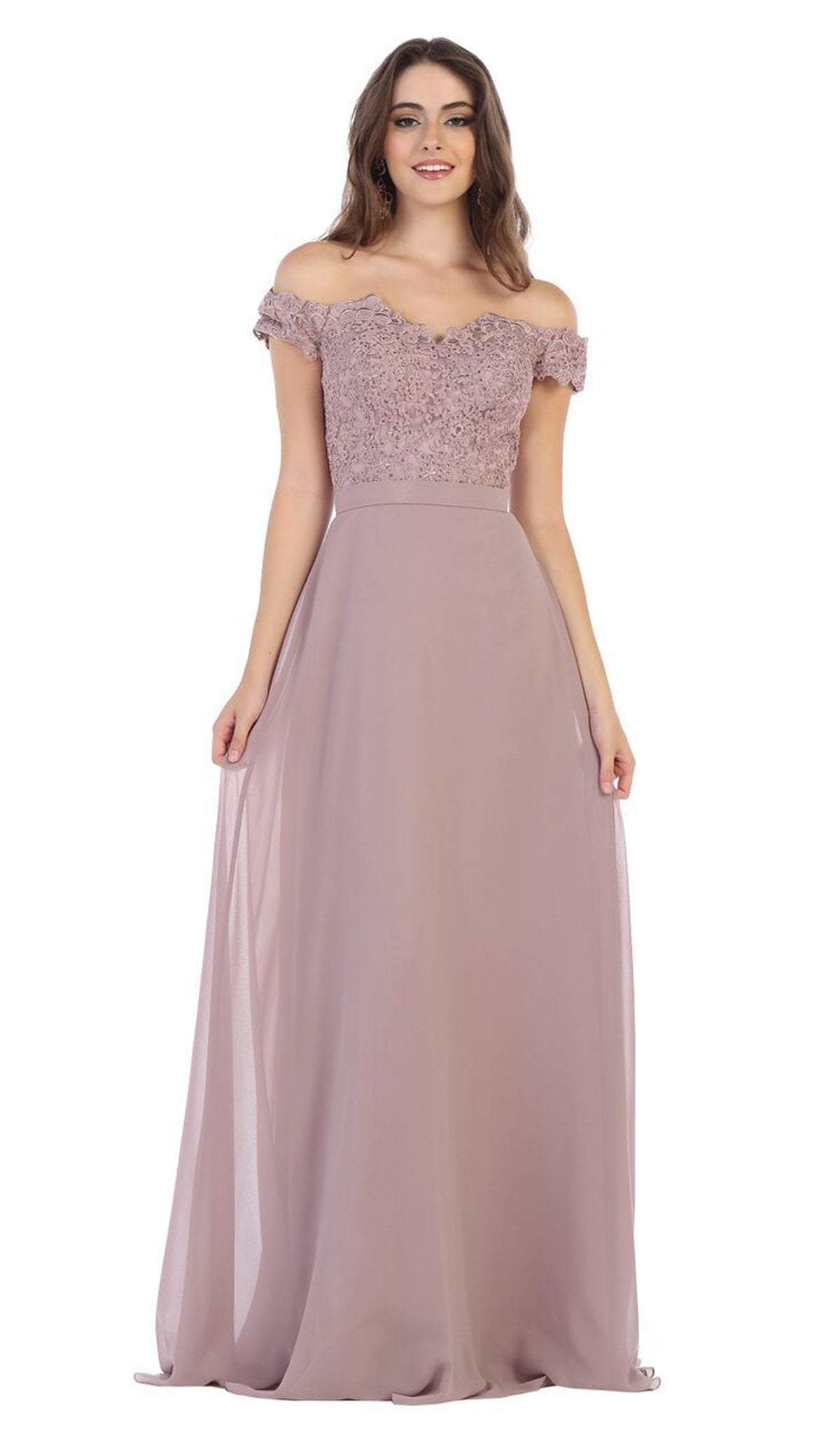 May Queen - MQ1601 Lace Appliqued Chiffon Off Shoulder Formal Gown Couture Candy May Queen - MQ1601 Lace Appliqued Chiffon Off Shoulder Formal Gown Couture Candy