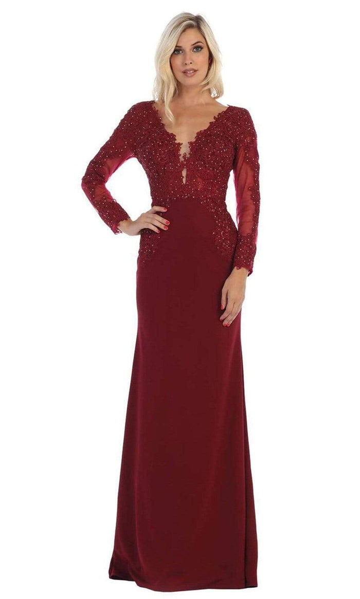 May Queen - MQ1630 Lace Appliqued Plunging V-Neck Gown Bridesmaid Dresses 4 / Burgundy