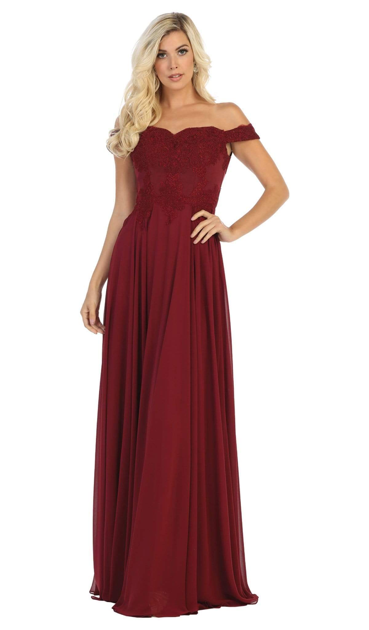 Burgundy May Queen - MQ1644B Embroidered Off Shoulder A-Line Dress | Long A-Line Dress Burgundy May Queen - MQ1644B Embroidered Off Shoulder A-Line Dress | Long A-Line Dress