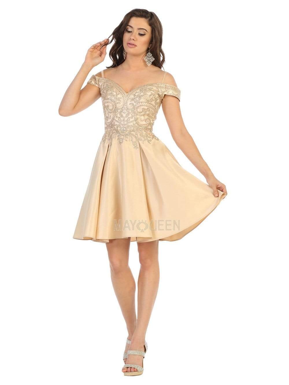 May Queen - MQ1661 Gilt-Appliqued Off Shoulder A-Line Dress May Queen - MQ1661 Gilt-Appliqued Off Shoulder A-Line Dress