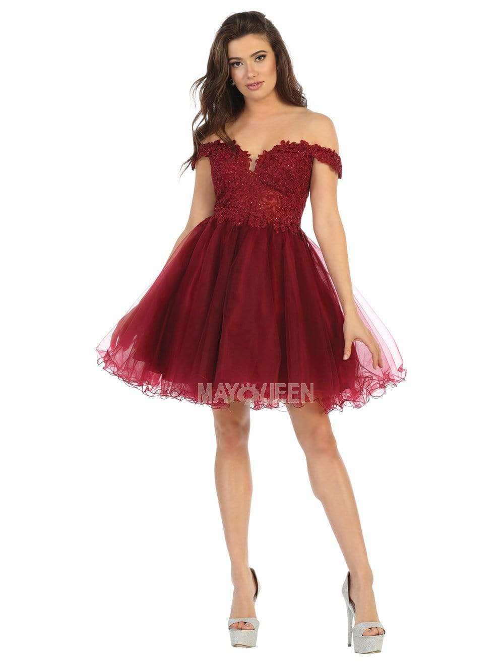 May Queen - MQ1663 Off Shoulder Sheer Lace Bodice Tulle Cocktail Dress Couture Candy May Queen - MQ1663 Off Shoulder Sheer Lace Bodice Tulle Cocktail Dress Couture Candy