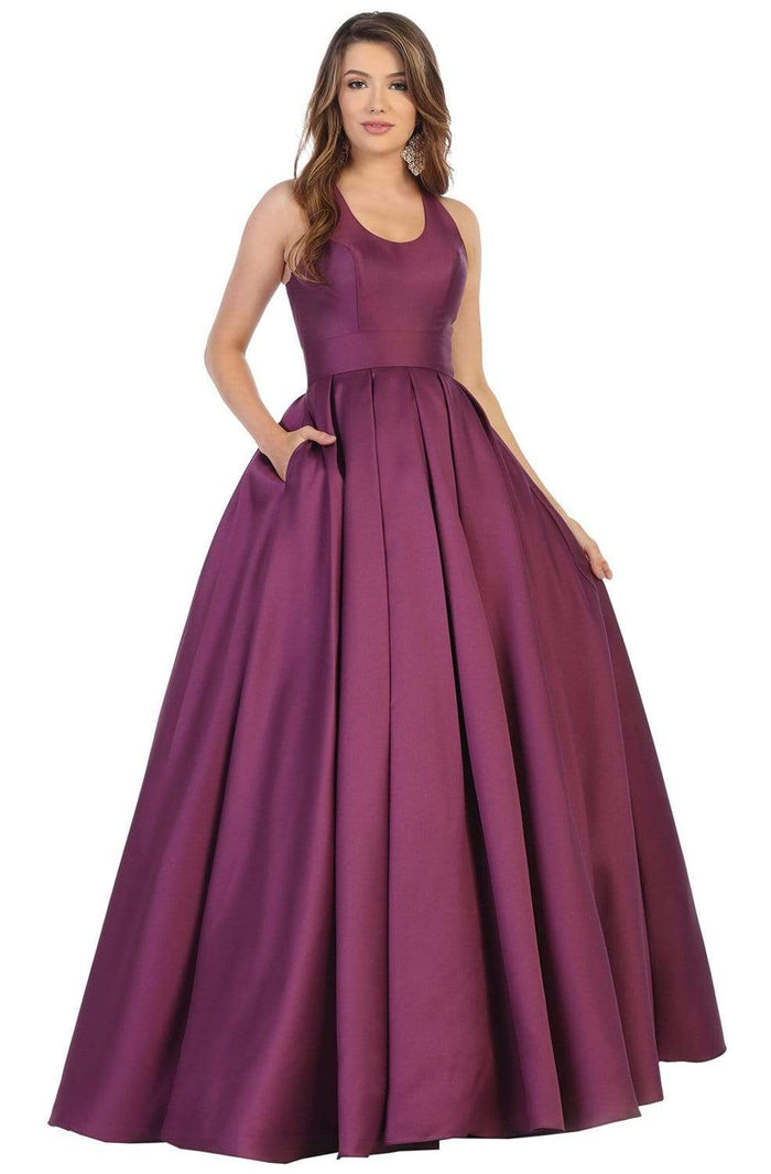 May Queen - MQ1721 Scoop Neck Pleated Ballgown Ball Gowns 4 / Eggplant