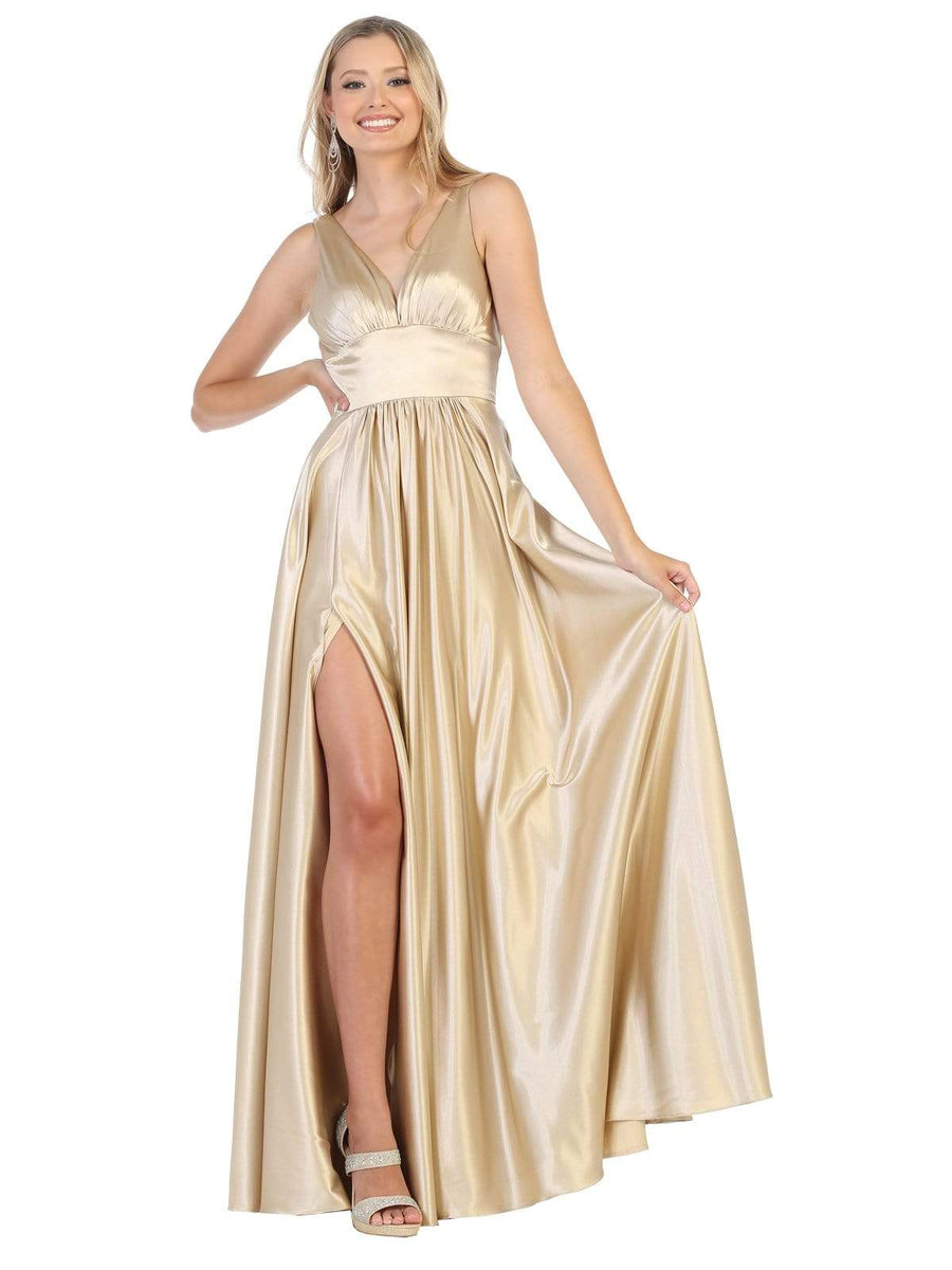 V-neck Pleated Applique Empire Dress With Slit Dark Navy