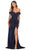 May Queen - MQ1724 Ruched Off-Shoulder Dress with Slit Evening Dresses 4 / Navy/Multi