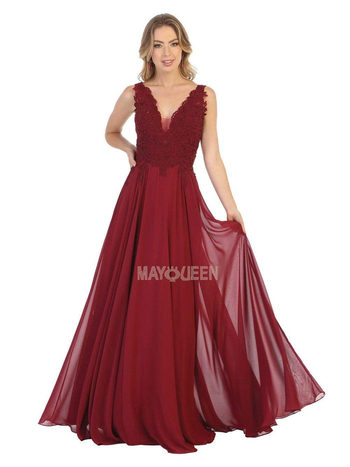 May Queen - MQ1754 Embroidered Deep V-neck A-line Dress Prom Dresses 4 / Burgundy