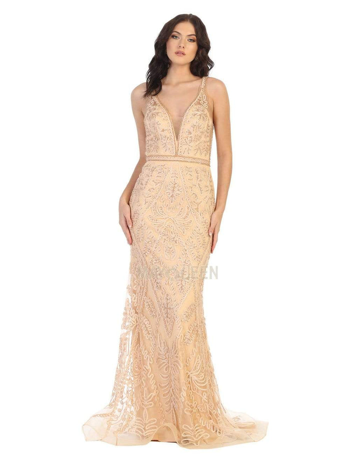 May Queen - MQ1758 Beaded Soutache Plunging V-Neck Gown Evening Dresses 6 / Champagne