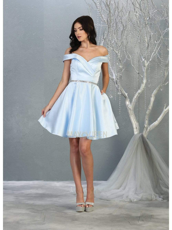 May Queen - MQ1815 Off Shoulder Satin cocktail Dress Homecoming Dresses 2 / Baby-Blue