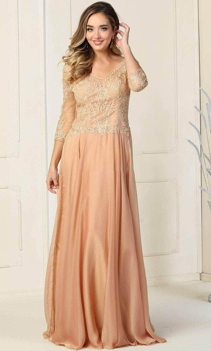 May Queen MQ1860 - Quarter Sleeve A-Line Long Dress Prom Dresses S / Champagne