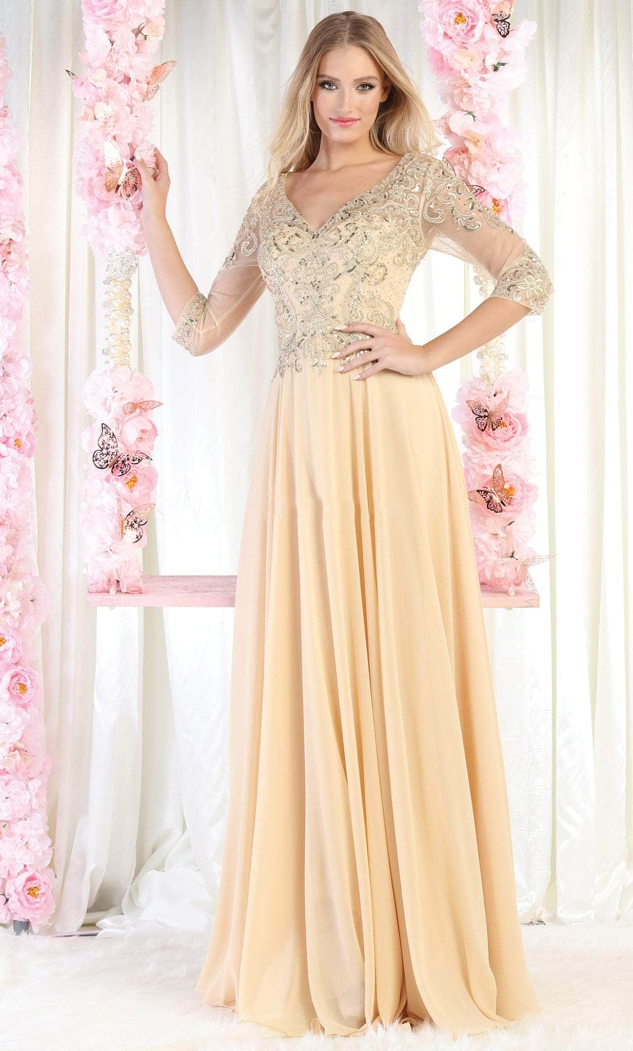 May Queen MQ1936 - Long Sleeve V Neck Evening Dress Couture Candy May Queen MQ1936 - Long Sleeve V Neck Evening Dress Couture Candy