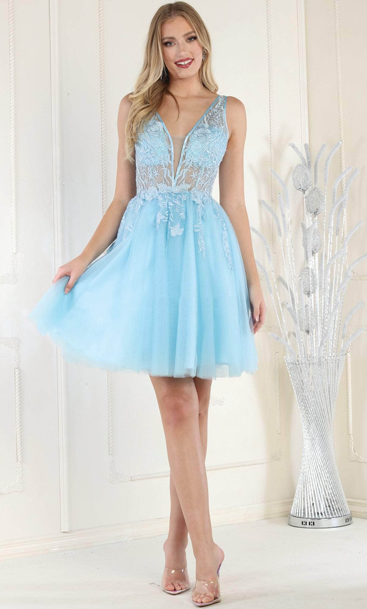 May Queen MQ1949 - V-Neck Illusion Bodice Cocktail Dress May Queen MQ1949 - V-Neck Illusion Bodice Cocktail Dress