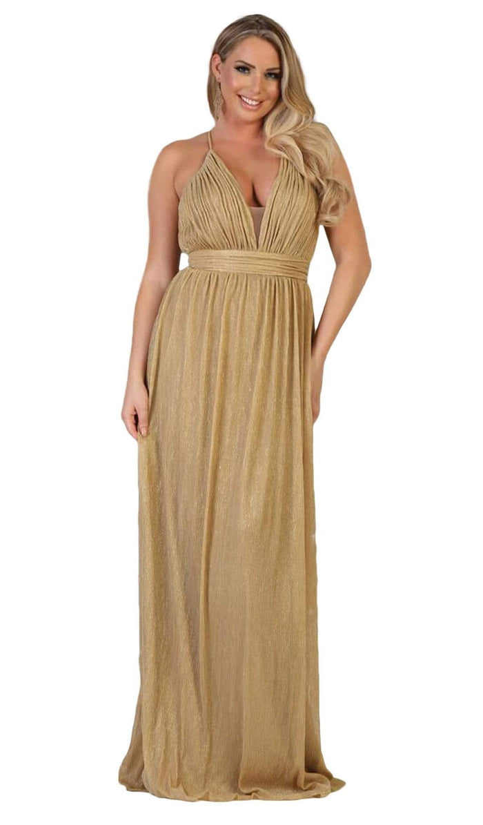 May Queen - Plunging V-Neck Pleated A-Line Dress MQ1635 - 1 pc Gold In Size 16 Available CCSALE 16 / Gold