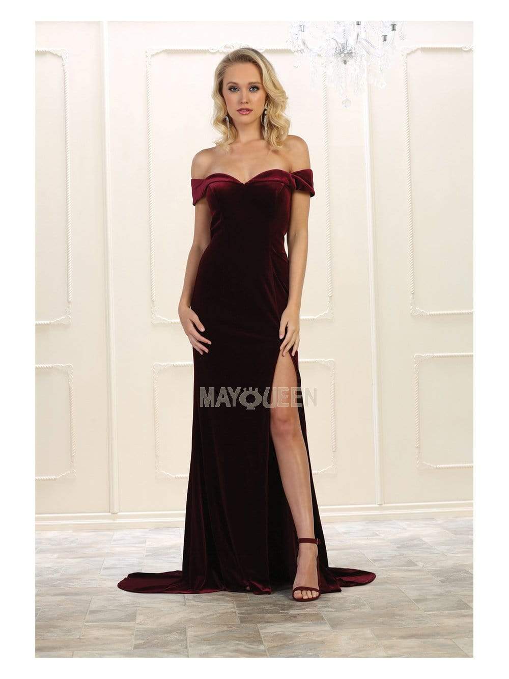 May Queen - RQ7533 Off Shoulder High Slit Velvet Dress May Queen - RQ7533 Off Shoulder High Slit Velvet Dress