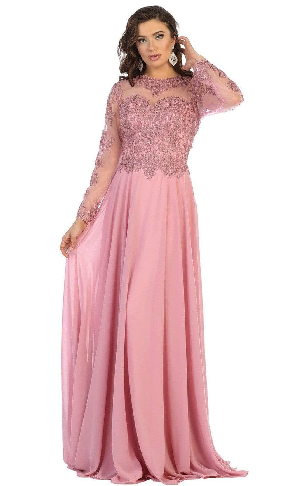 May Queen - RQ7732 Embroidered Long Sleeve Bateau A-line Dress Couture Candy May Queen - RQ7732 Embroidered Long Sleeve Bateau A-line Dress Couture Candy