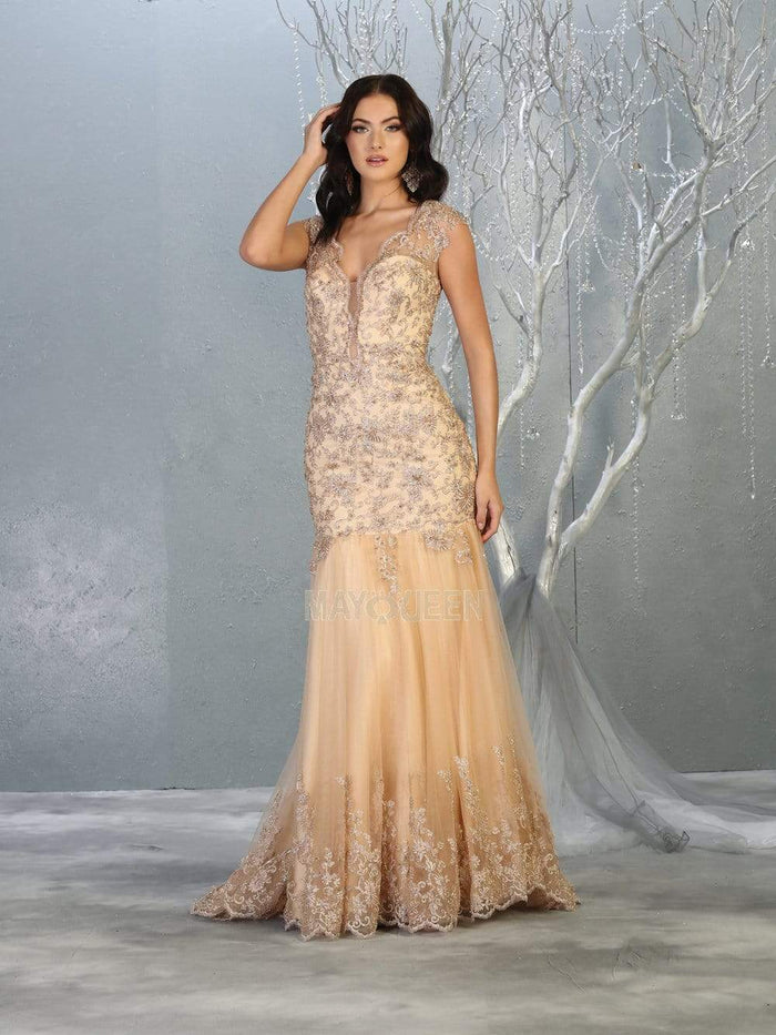 May Queen - RQ7785 Embellished Plunging V-Neck Trumpet Dress Mother of the Bride Dresses 4 / Champagne