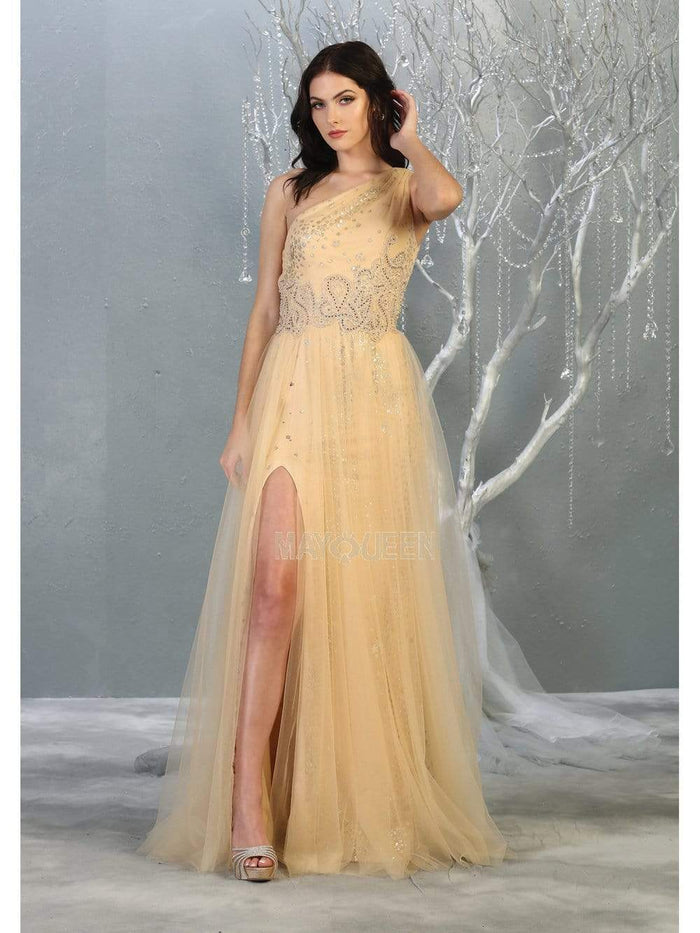 May Queen - RQ7809 Beaded Asymmetrical Dress with Slit Prom Dresses 4 / Champagne/ Gold