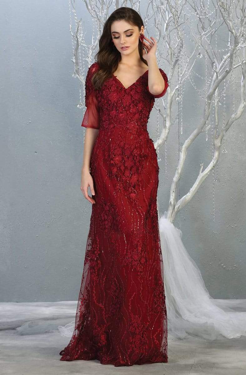 May Queen - RQ7873 Floral Applique V-neck Trumpet Dress Couture Candy May Queen - RQ7873 Floral Applique V-neck Trumpet Dress Couture Candy