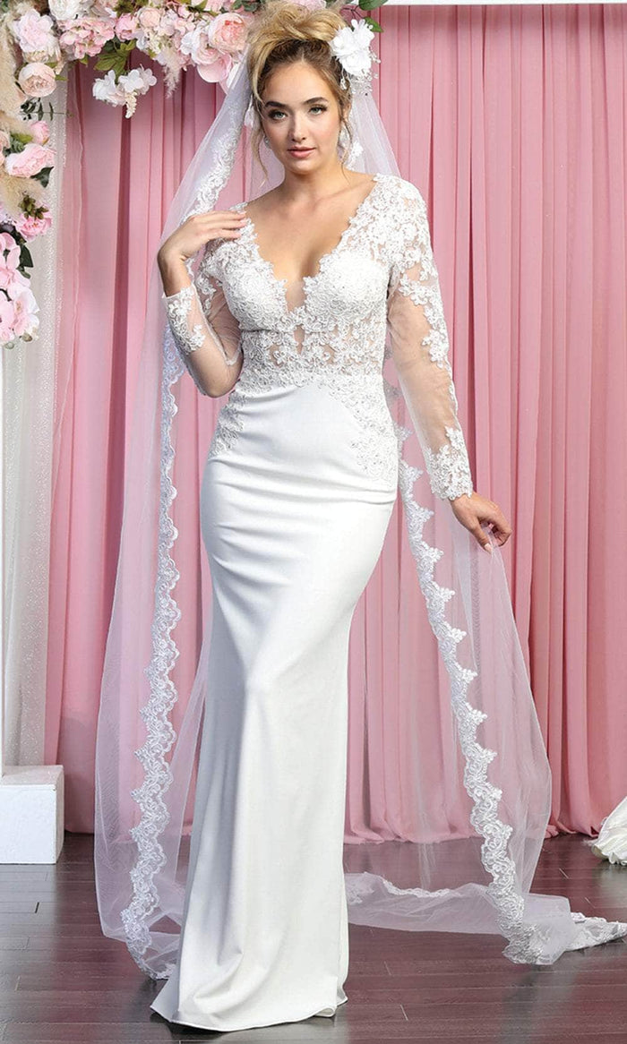 May Queen RQ7901B - Long Sleeves V-neck Wedding Gown Bridal Dresses 22 / Ivory