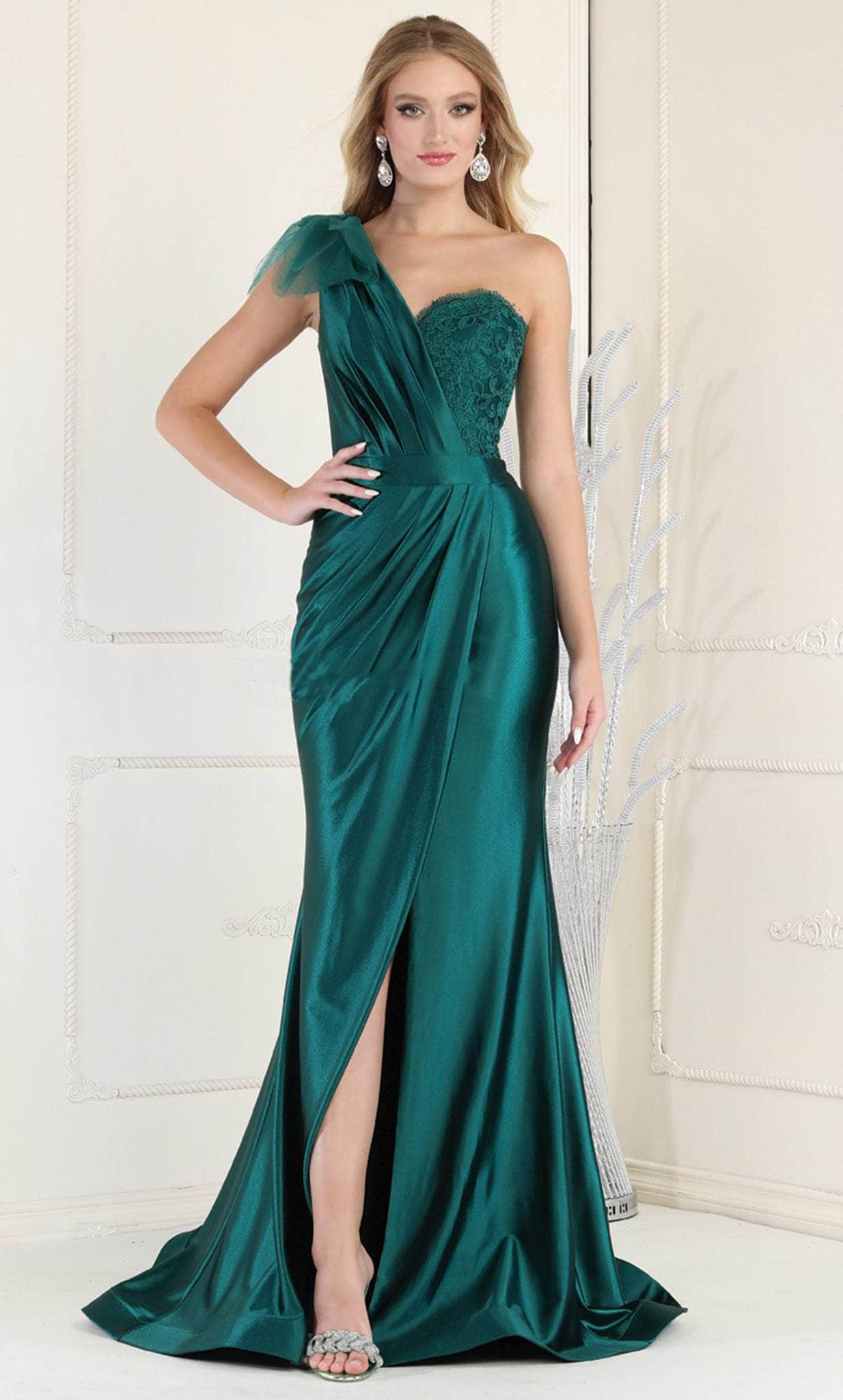 May Queen RQ7962 - Asymmetric Strap Train Gown Couture Candy May Queen RQ7962 - Asymmetric Strap Train Gown Couture Candy
