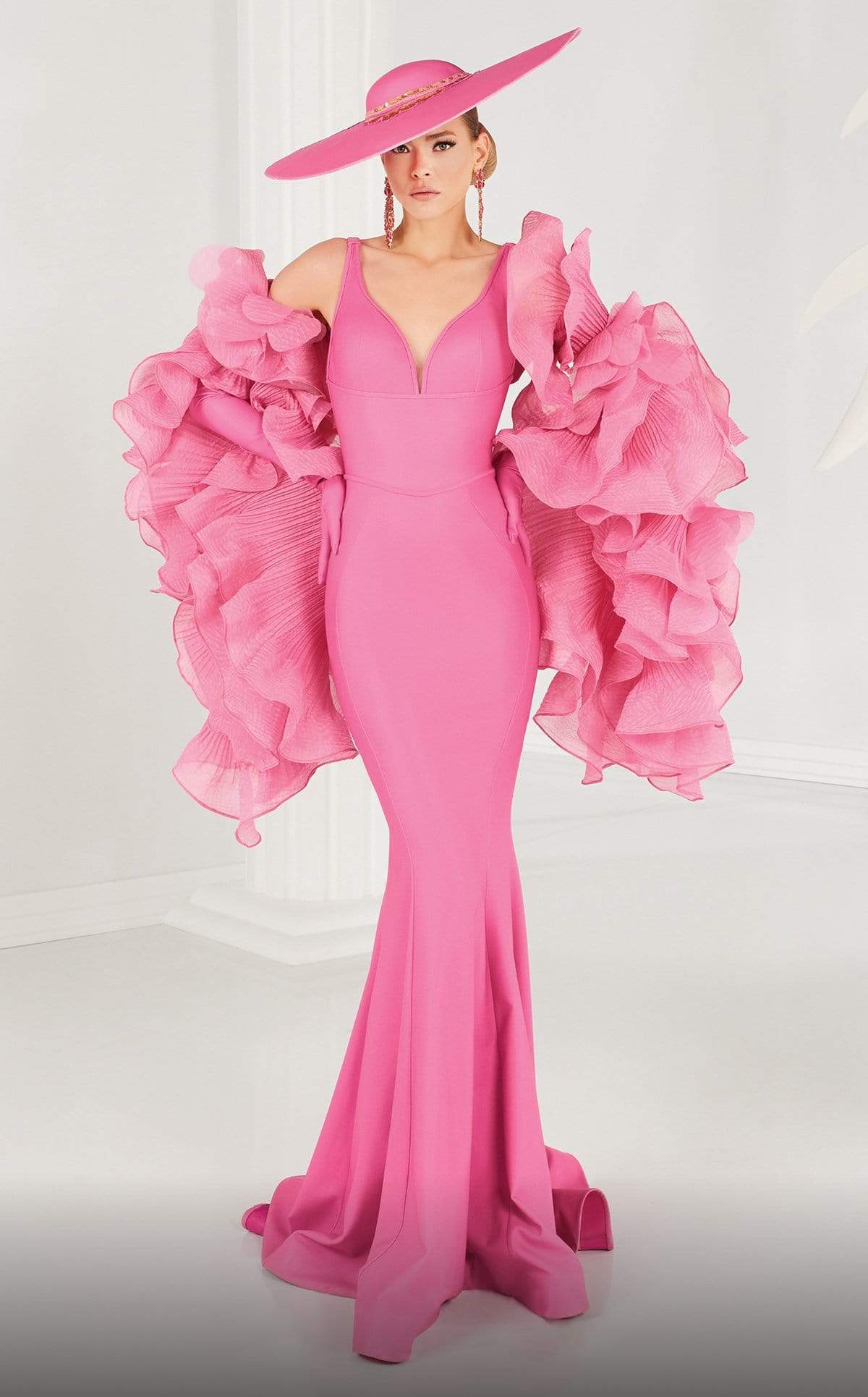 MNM Couture - 2575 Deep V-neck Trumpet Dress With Ruffled Shawl 14 / Red MNM Couture - 2575 Deep V-neck Trumpet Dress With Ruffled Shawl 14 / Red